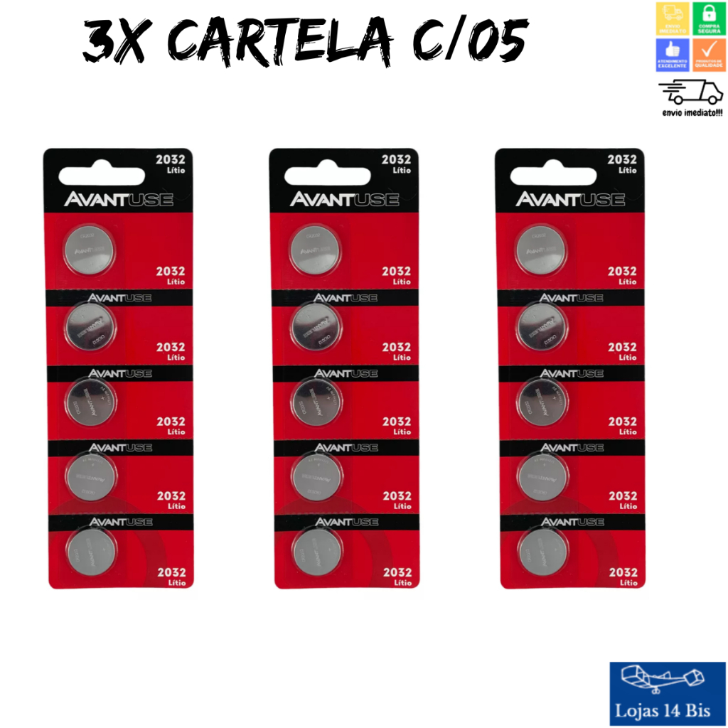 15 Pilhas Baterias CR2032 Avant Moeda 3 Cartelas C/5 Unidades