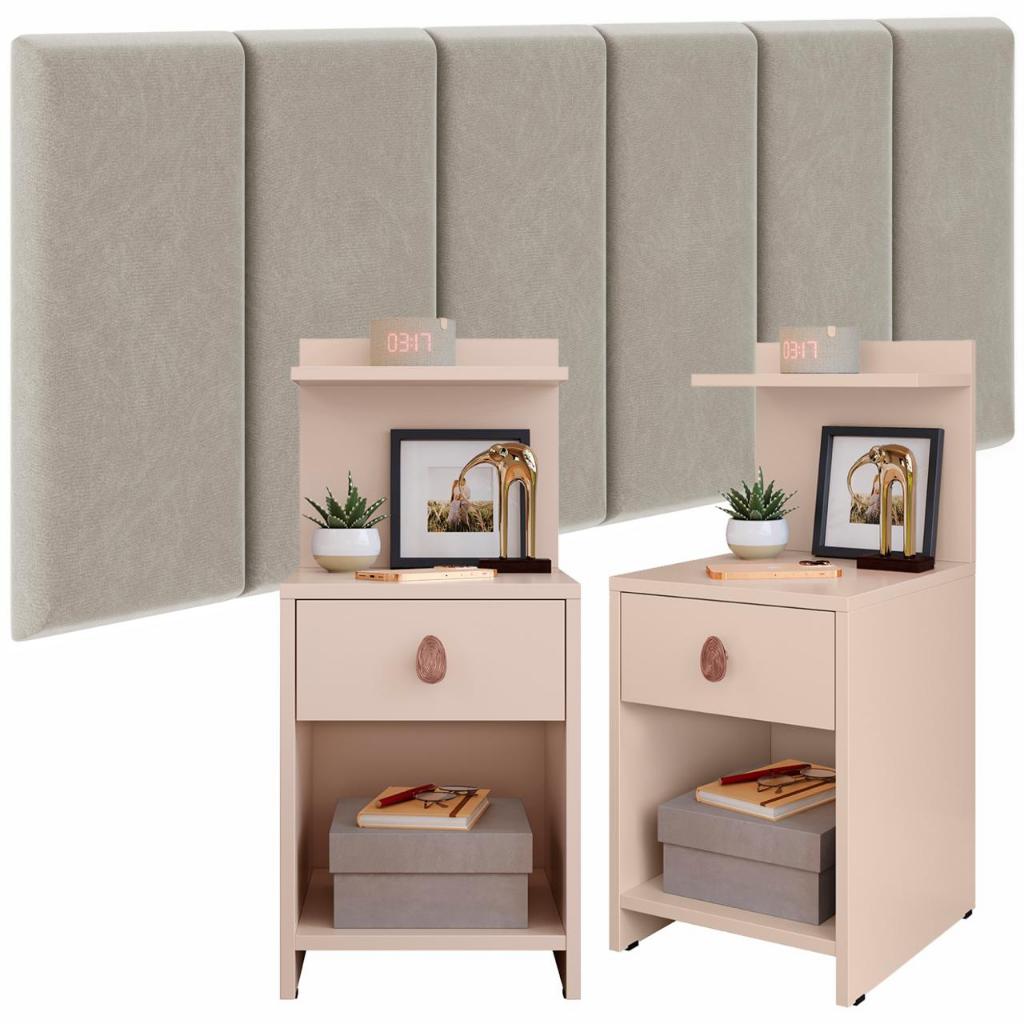 Conjunto Cabeceira Cama Casal 1,40 Julia Com Mesa de Cabeceira Quarto Requinte Boss Bege Off White