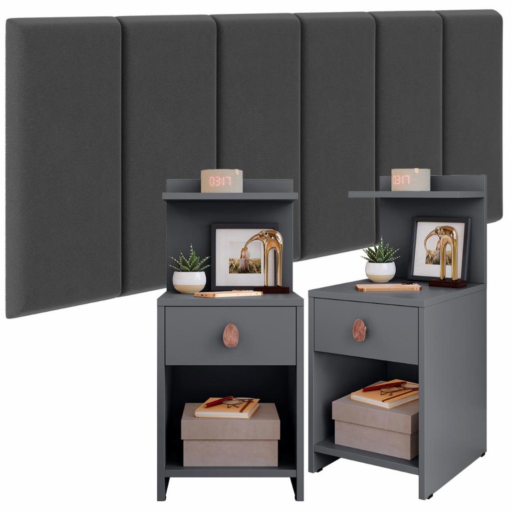 Conjunto Cabeceira Cama Casal 1,40 Julia Com Mesa de Cabeceira Quarto Requinte Boss Cinza