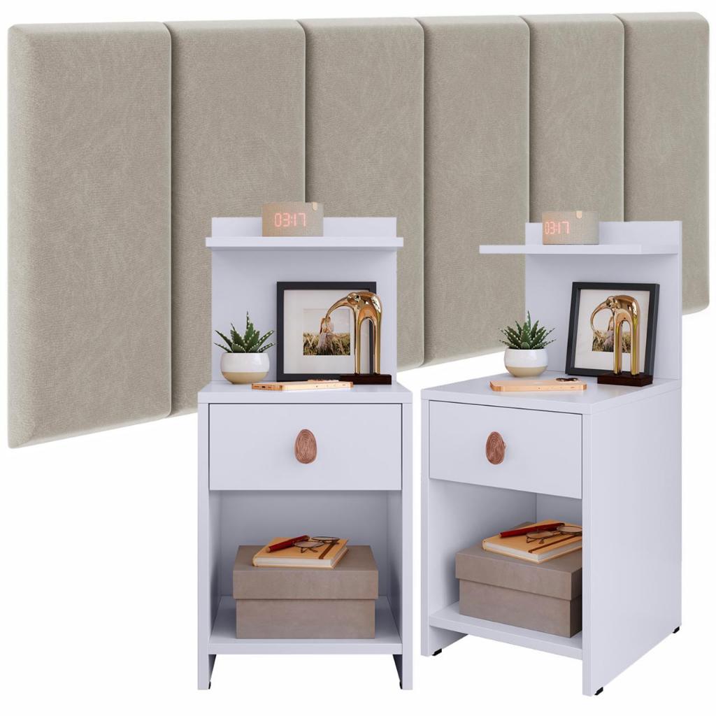 Conjunto Cabeceira Cama Casal 1,40 Julia Com Mesa de Cabeceira Quarto Requinte Boss Bege Branco