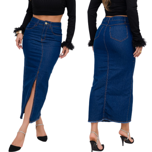 Saia Jeans Com Fenda Frontal Cintura Alta Elastano