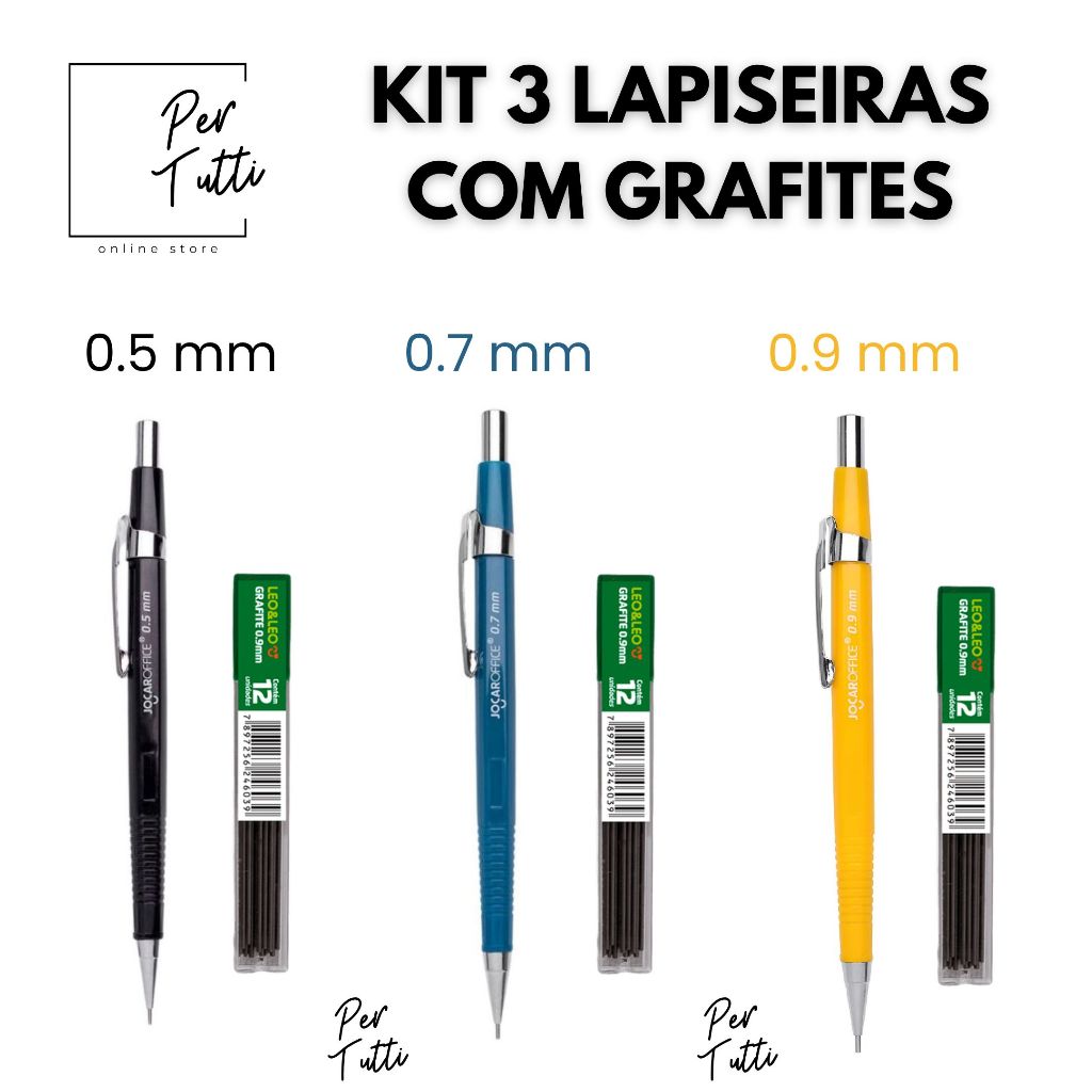 Lapiseira técnica 0.9mm, 0.7mm, 05mm Jocar Office + Tubo de Grafite HB - Kit 3 unidades