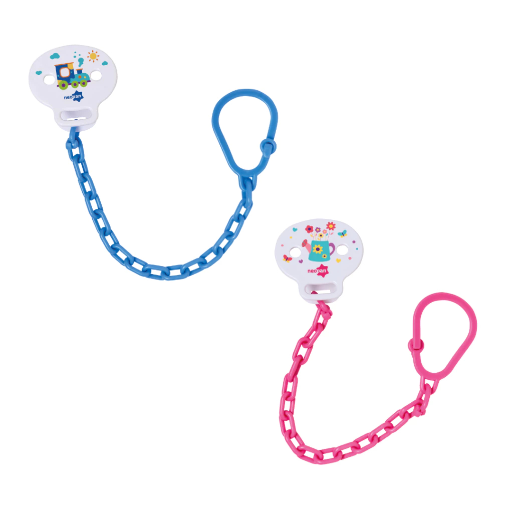PRENDEDOR DE CHUPETA DECORADO AZUL OU ROSA 1 UNIDADE  NEOPAN em Oferta na Shopee