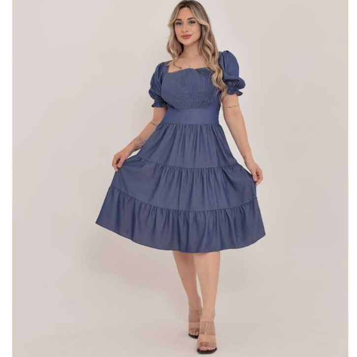 vestido midi luxo chambray imitacao de jeans manga curto 1101
