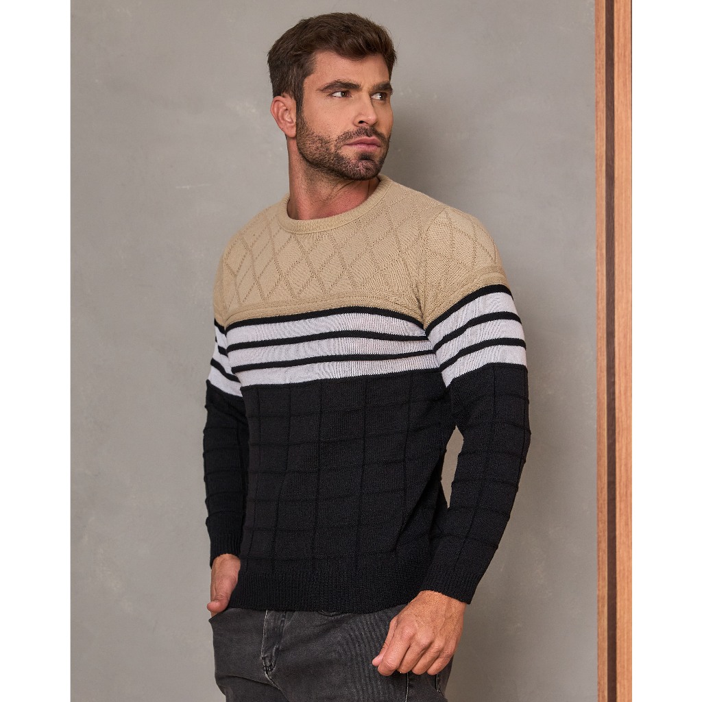 Blusa Masculina Suéter Tricô Manga Longa Gola Redonda Listrada e Xadrez Lã Térmica Blusa de Frio