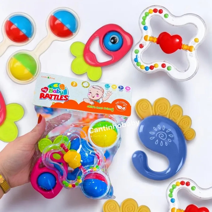 Kit Com 4 Brinquedos Colorido Para Bebê Chocalho + Mordedor Macio Criança Neném Barato