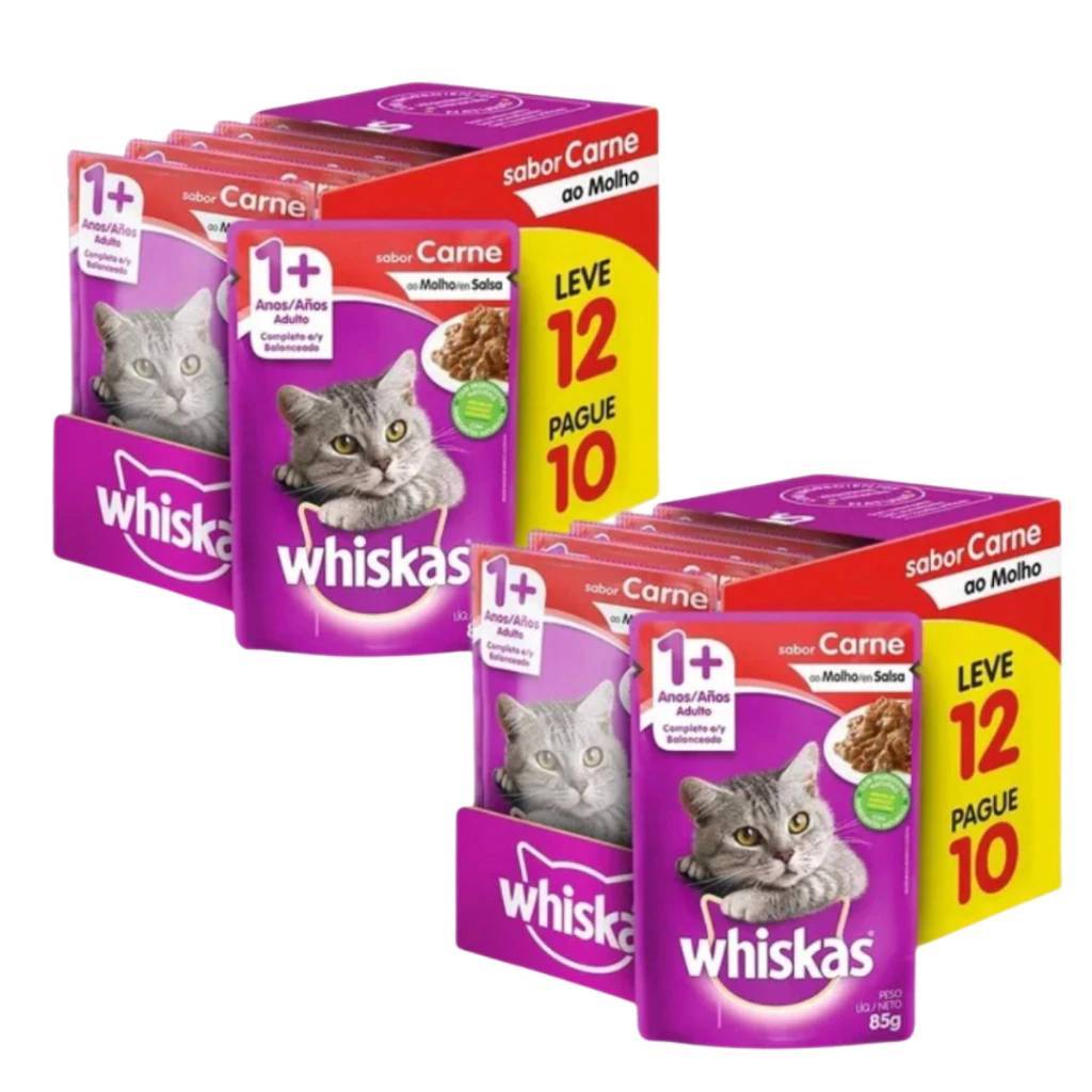 Kit Sachê Whiskas Sabor Carne ao Molho Para Gatos Adulto Alimento Úmido