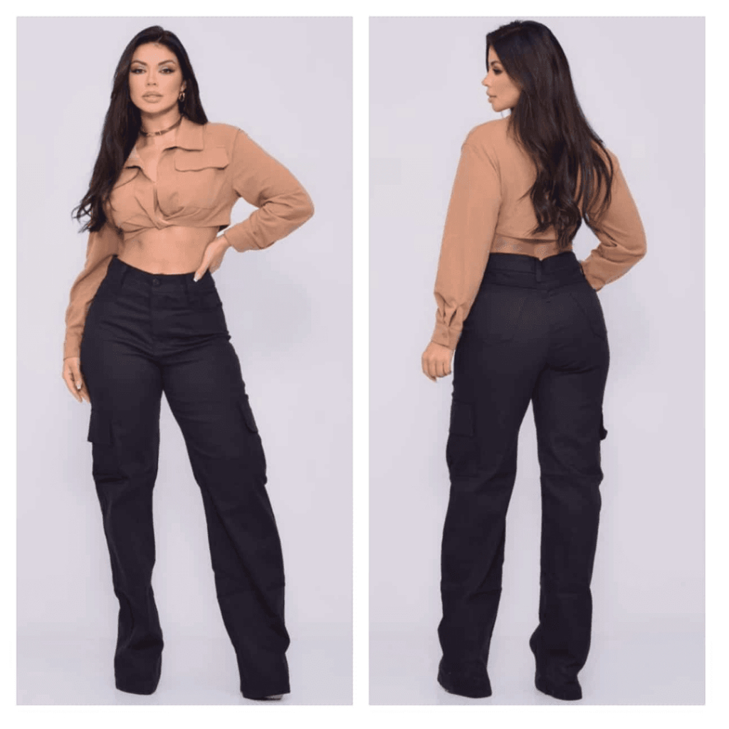 Calça Jeans Feminina Cargo Wide Leg Pantalona Cintura Alta Bolso Lateral e Lycra Premium