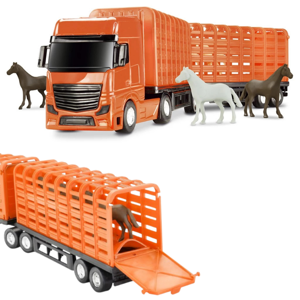 Promoção Brinquedo Carreta Carrinho Caminhão Petroleum Haras C/ 6 Animais Cavalos Divertidos Em Plástico Resistente Kids