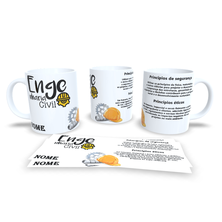 Caneca de Porcelana Profissões Engenharia Civil Personalizada com Nome Projetos Prédio Obra