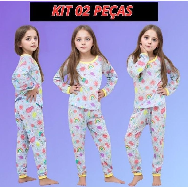 Kit 2 Peças Conjunto Estampado De Algodão Pijama Infantil Menina 1 Até 7 Anos