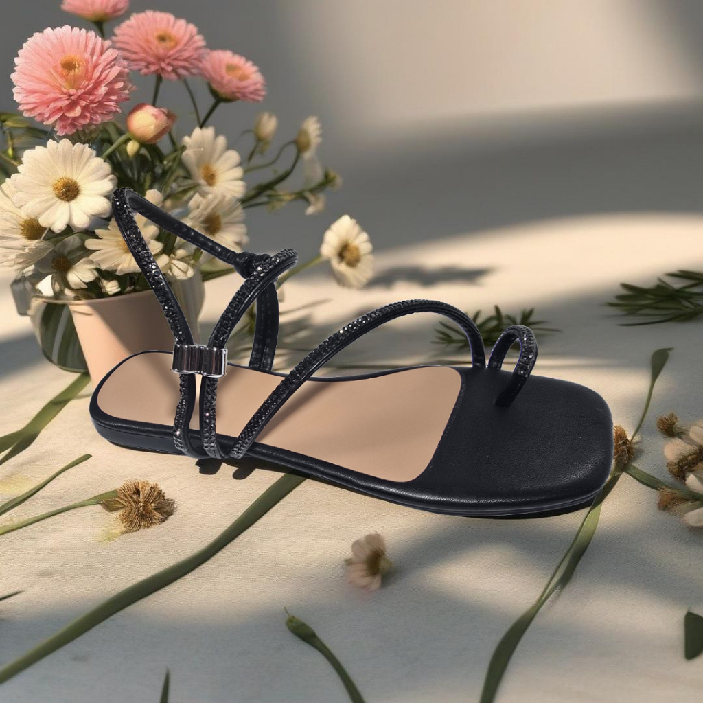 Sandália Feminina Rasteira Tiras Ajustável Confortável Ajuste Lateral Flat Strass