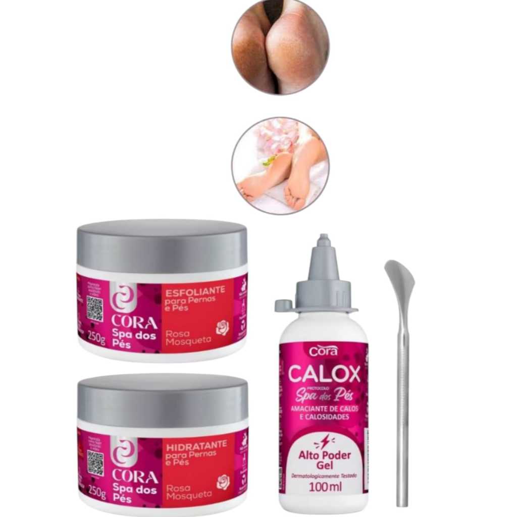 Spa dos Pes Em Casa Cora: Calox Gel+ Lixapex e Pemax Rosa Mosqueta+ Espatula 222