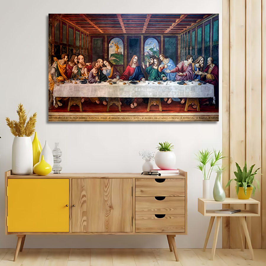 Quadro Santa Ceia Grande Ultima Ceia Jesus Apostolos 60x90 Tela Madeira Tecido Canvas