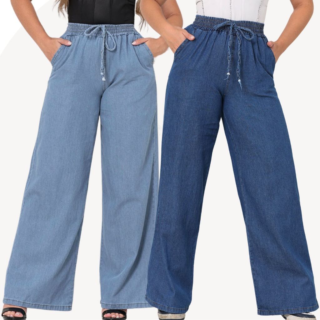 Calça Jeans Feminina Pantalona Wide Leg Cintura Elastico em Oferta na Shopee