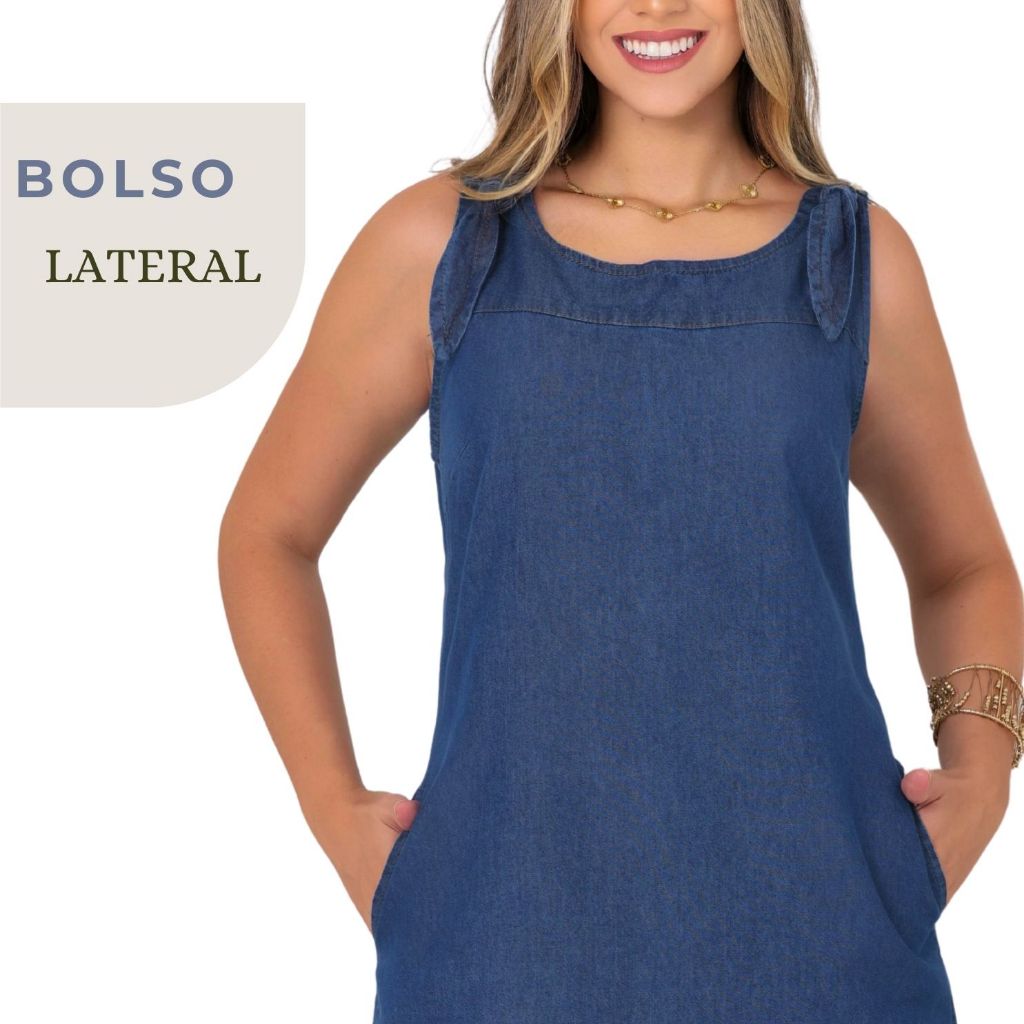 Vestido Feminino Soltinho Com Zíper Jeans Liocel Original Regata Tencel Bolso