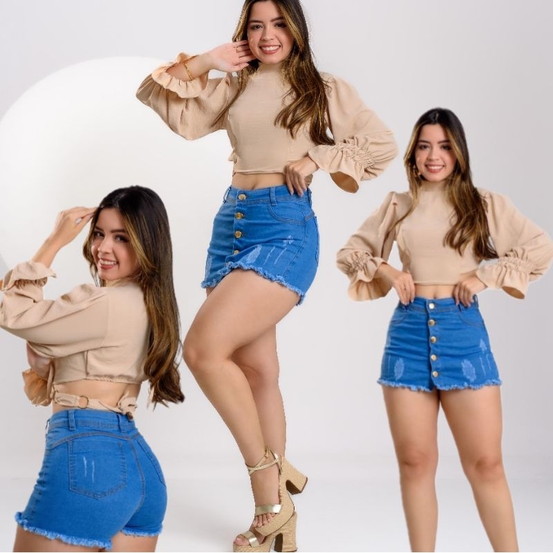 Short Saia Jeans feminino com lycra (estica) com botões no meio, cintura alta em Oferta na Shopee