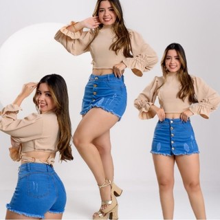 Short Saia Jeans feminino com lycra (estica) com botões no meio, cintura alta