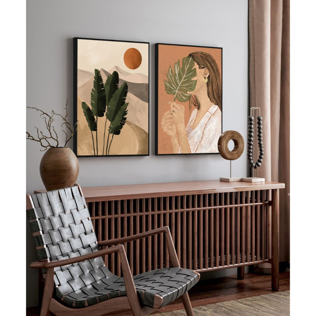 kit 2 quadro decorativo abstrato tons marrons boho mulher folhagem tons quentes com molduras