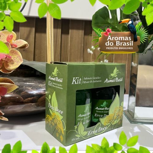 Kit 1 Sabonete Liquido 1 Difusores - Aromatizador de Ambiente - Aromas Brasil 250ml Erva Doce 275 Envio Imediato