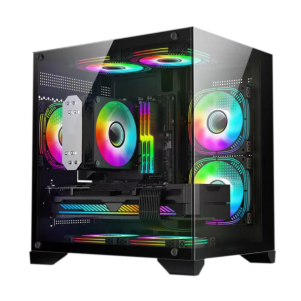 Gabinete Gamer Aquário Cubo Micro Atx com 4 Cooler Fan LED RGB Vidro Temperado Preto
