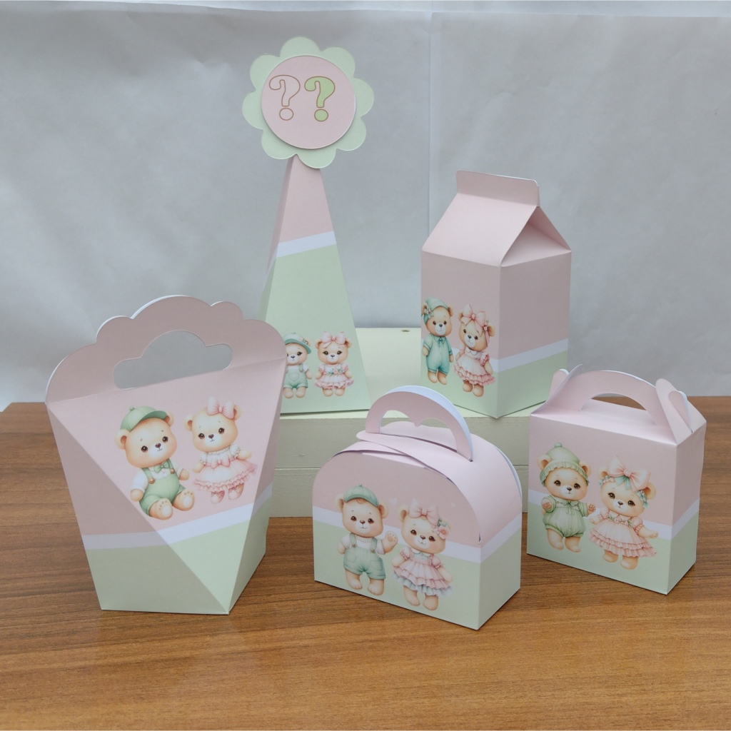 PEGUE E MONTE - Kit Festa Personalizados Chá Revelação Verde e Rosa Lembrancinhas Caixinhas para Aniversário