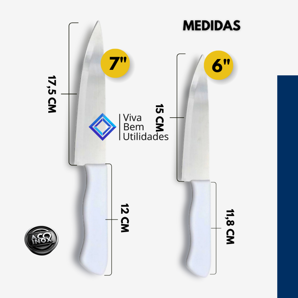 Kit 3 Unid - Faca Cozinha Inox Churrasco Açougue Uso Profissional Chef e Donas de Casa