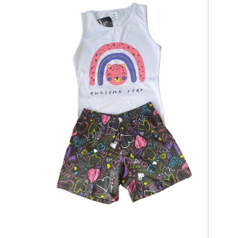 Conjunto Infantil Menina Calor Blusa Regata Confortável e Shorts com Estampa Corações Coloridos