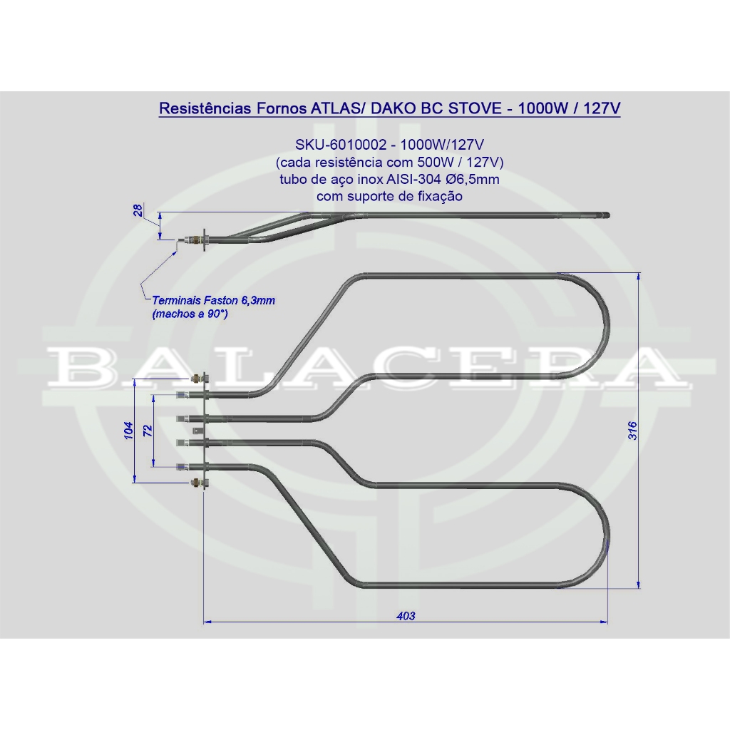 Resistências Fornos ATLAS/ DAKO BC STOVE - 1000W / 127V / 220V (bivolt)