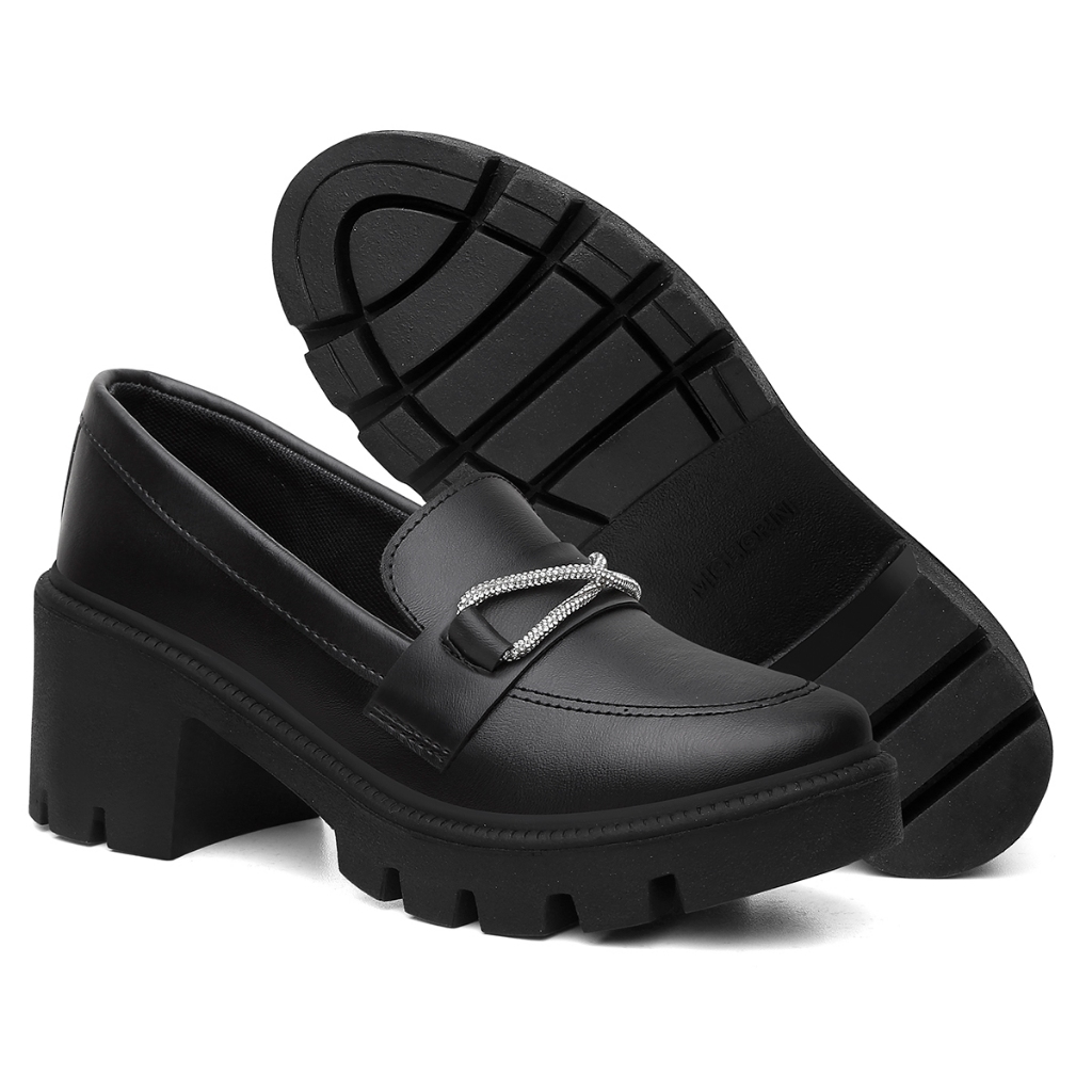Sapato Social Feminino Mocassim Oxford Tratorado Detalhe Brilho