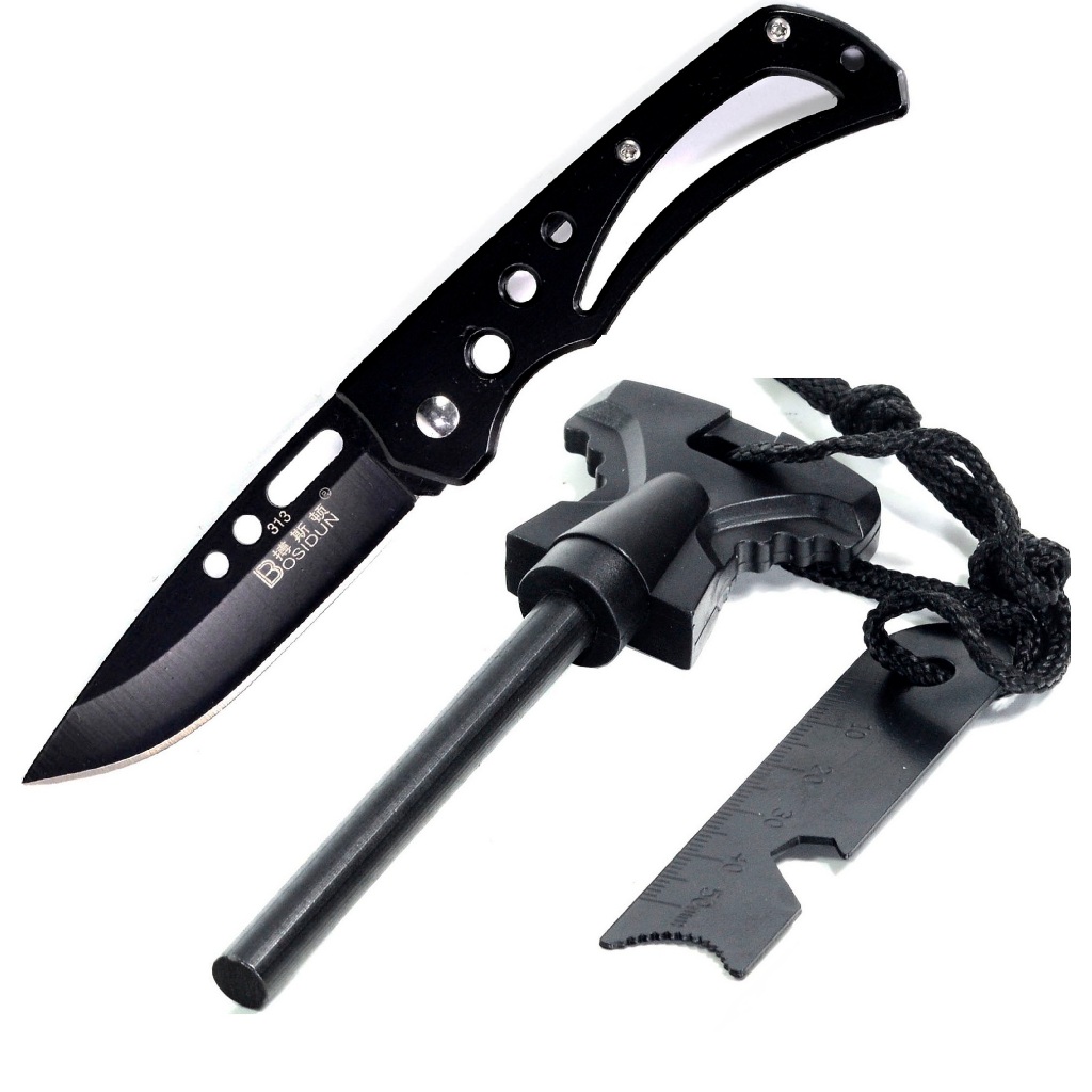 Mini Canivete Mini Faca Edc Black Ops KN-5 + Pederneira Maciça Magnésio Acendedor Fogo