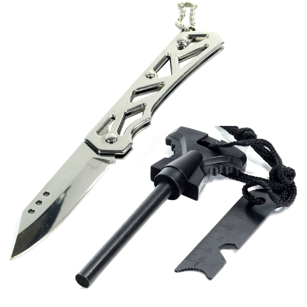 Mini Canivete Mini Faca Edc Black Ops KN-IX + Pederneira Maciça Magnésio Acendedor Fogo