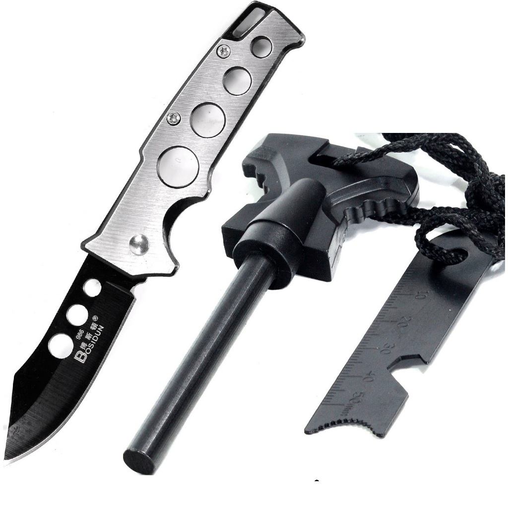 Mini Canivete Mini Faca Edc Black Ops KN-INX + Pederneira Maciça Magnésio Acendedor Fogo