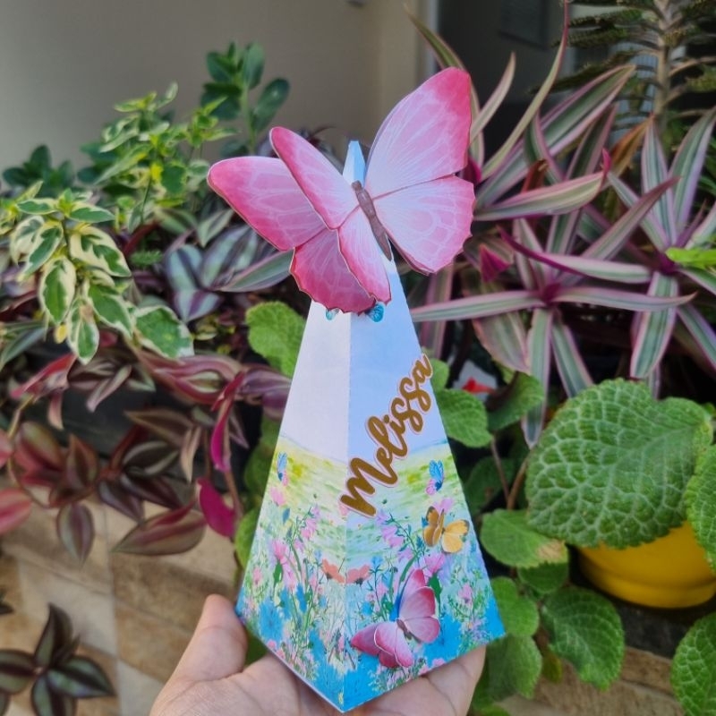Kit Caixa Pirâmide Personalizada Jardim das Borboletas - Lembrancinha Jardim Encantado - Festa Infantil
