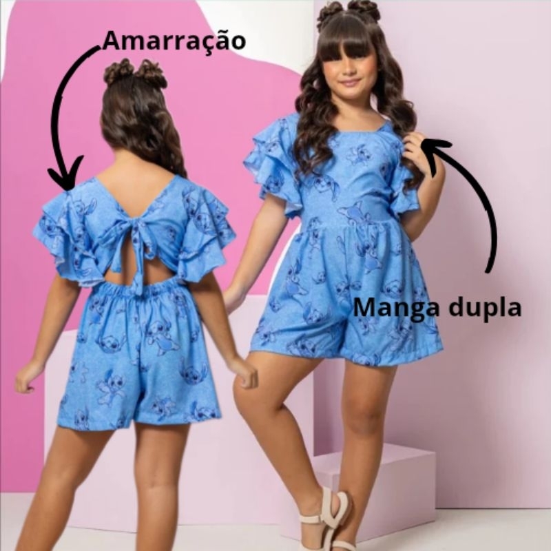 macaquinho estampado infantil crepe menina criança