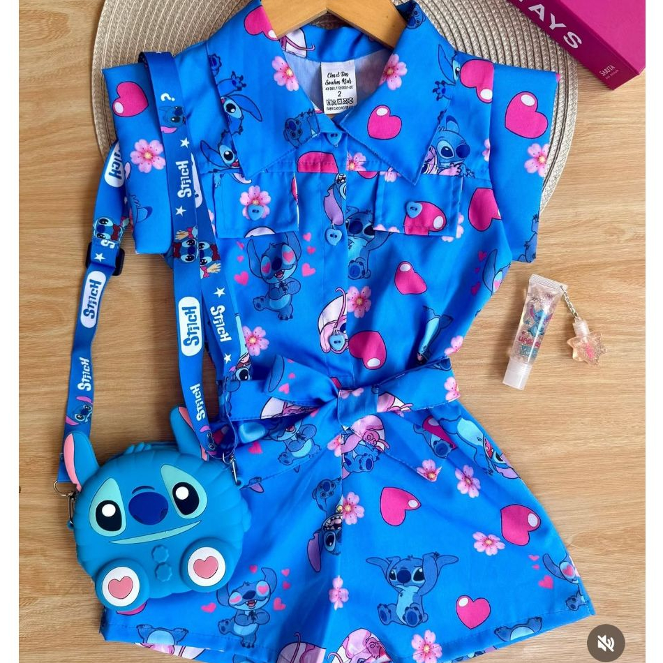 Macaquinho Infantil Stitch Para Meninas Com Botões e Laço