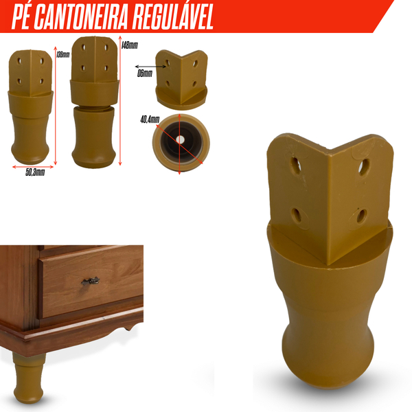 Kit 4/6/8/10/12 Pé Para Armário Cômoda Gabinete Pezinho Regulável Marrom P/ Canto de Móveis 58x90mm