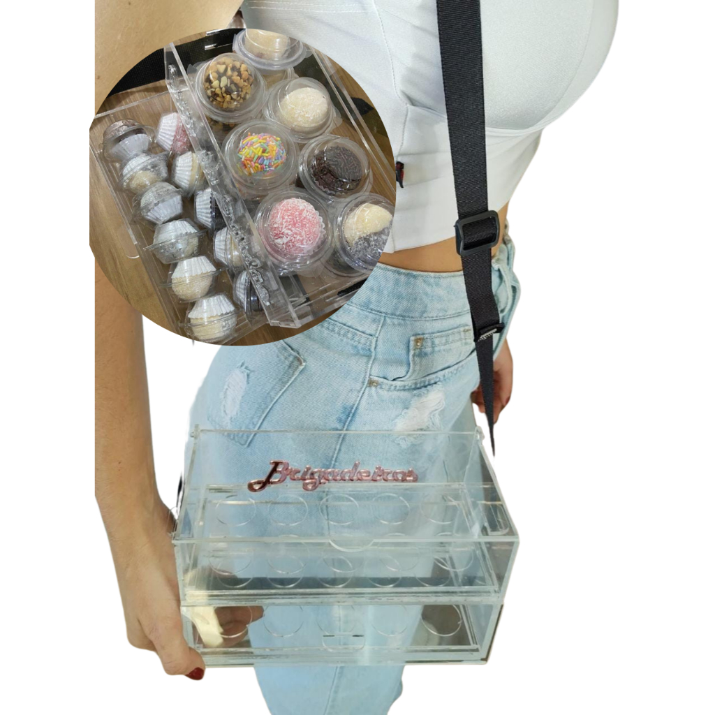 Expositor porta doces brigadeiro bolsa em acrílico cristal com nome personalizado