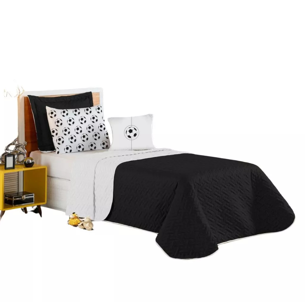 Kit Colcha Cobre Leito Edredom Solteiro 5 Pçs Quarto Menino Matelado Campo Futebol Preto Branco Tema