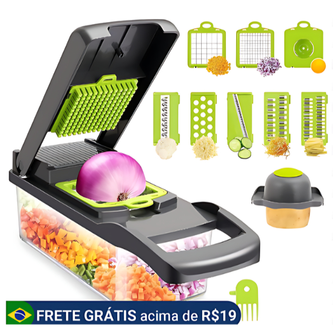 Cortador, Fatiador e Ralador de Alimentos Manual Multifuncional - P/ Vegetais e Legumes (12 funções)