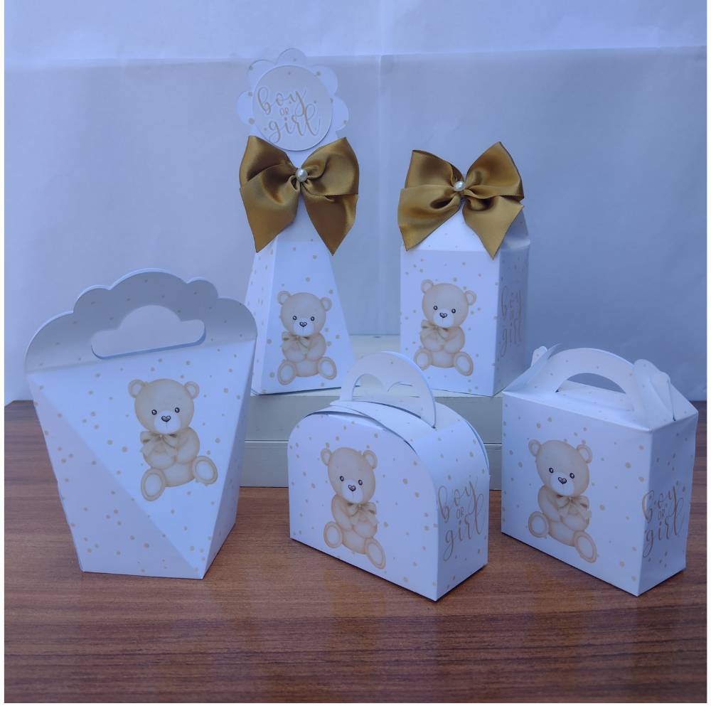 MONTE EM CASA - Kit Festa Personalizados CHA REVELAÇÃO DOURADO URSO Lembrancinhas Caixinhas para Aniversário