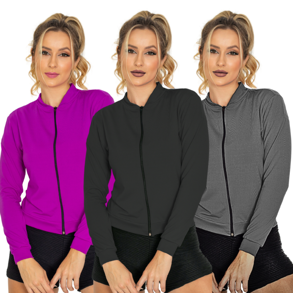KIT 3: Jaqueta Feminina Lisa com Ziper Academia Jaqueta Basica Dia a Dia em Oferta na Shopee