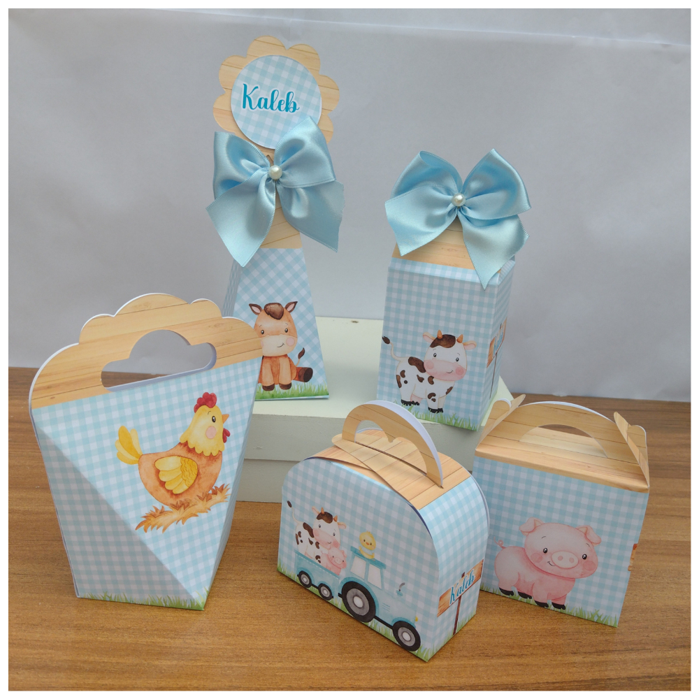 PEGUE E MONTE - Kit Festa Personalizados FAZENDINHA MENINO AZUL Lembrancinhas Caixinhas para Aniversário