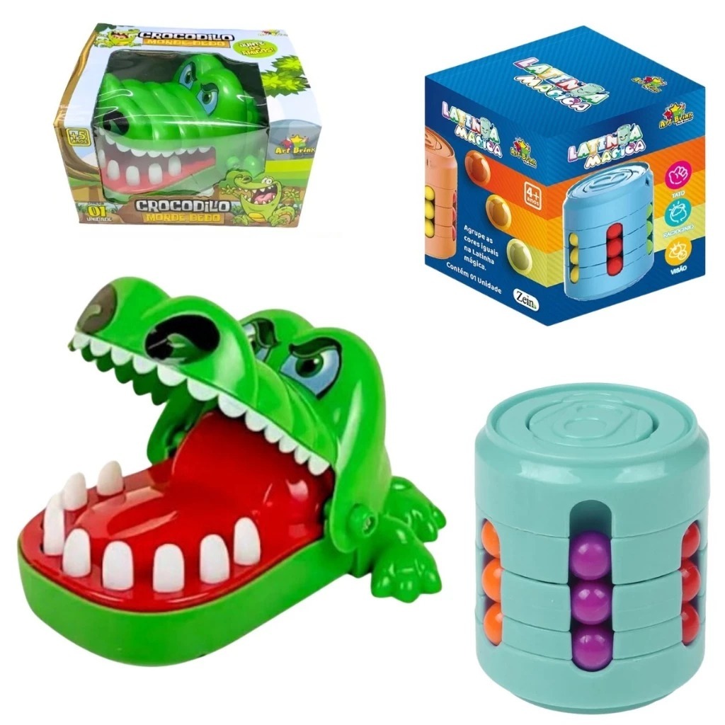 Kit com 2 super jogos latinha cilindro magico 4d+ jacare morde dedo presente criança