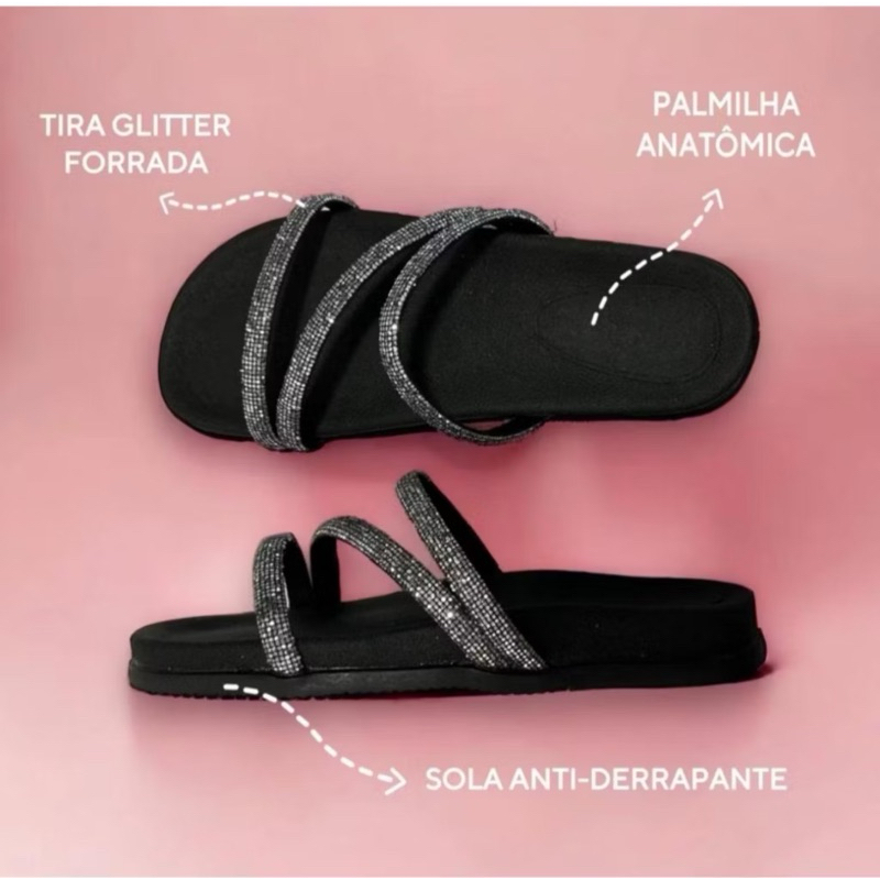 Sandália Papete Feminina Glitter Brilho tendência verão 2024
