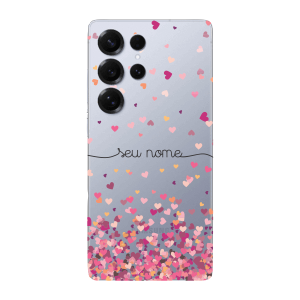 Capinha para Samsung S25 Ultra Anti Impacto Personalizada - Chuva de corações rosa com nome