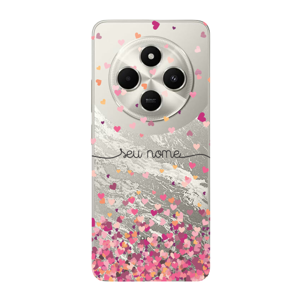 Capinha para Xiaomi Poco C75 Anti Impacto Personalizada - Chuva de corações rosa com nome