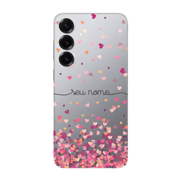 Capinha para Samsung S25 Anti Impacto Personalizada - Chuva de corações rosa com nome
