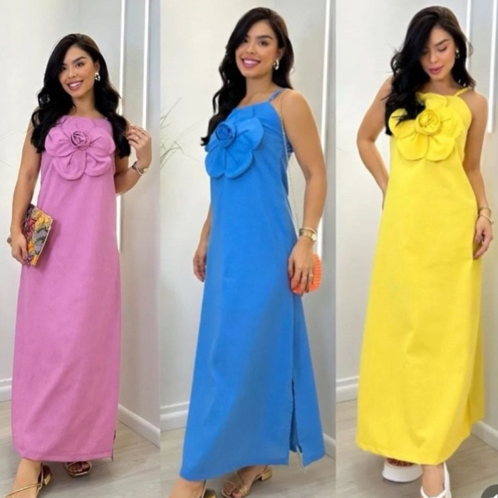 Vestido longo feminino flor no busto tendência verão elegante sofisticado