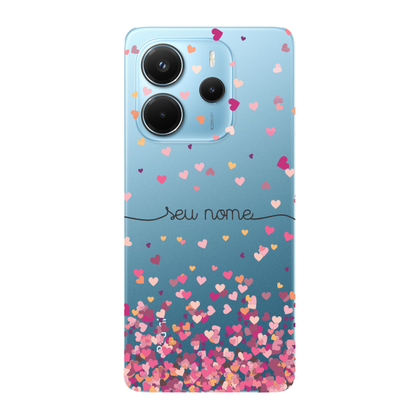 Capinha para Xiaomi RedMi Note 14 4G Anti Impacto Personalizada - Chuva de corações rosa com nome
